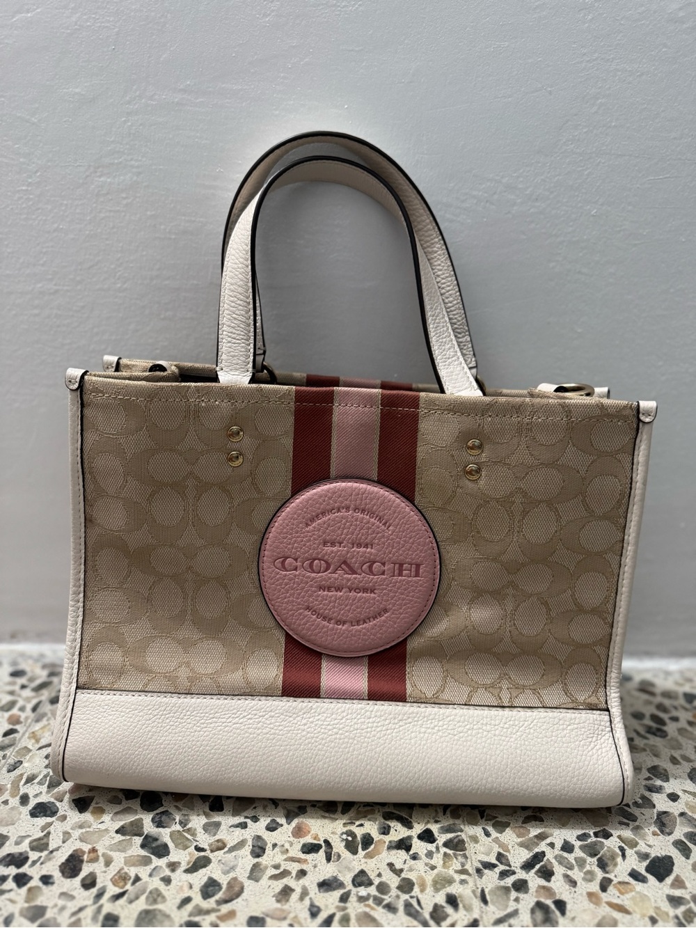 Coach Beige Canvas Tote with Pink Center Badge and Red-Pink Stripes